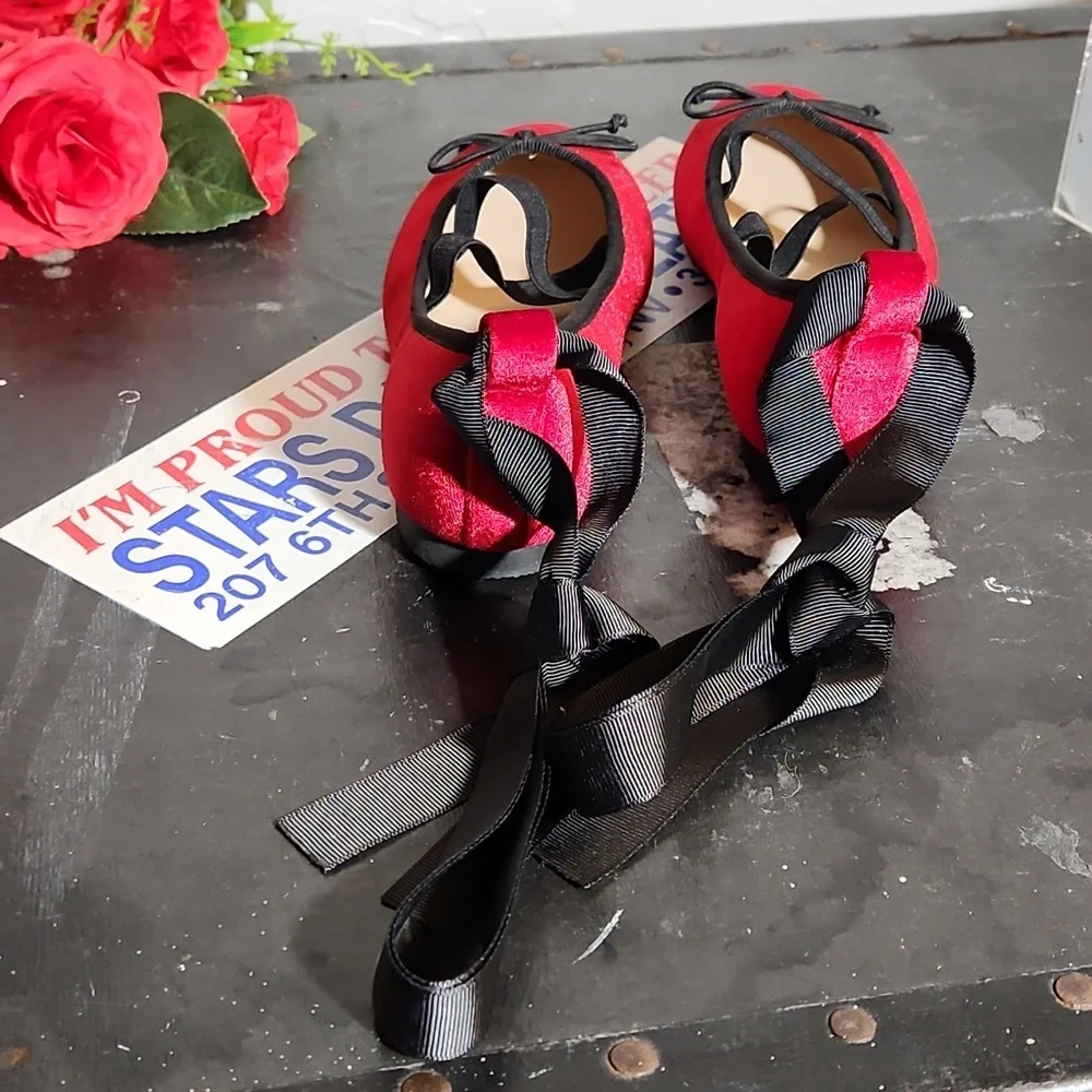 HOO Ted Velvet Ballerina Flats Bow Detachable Ribbon Tie Slip On Flats C…